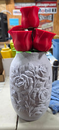 3D printed rose embossed vase with red rose blooms on top