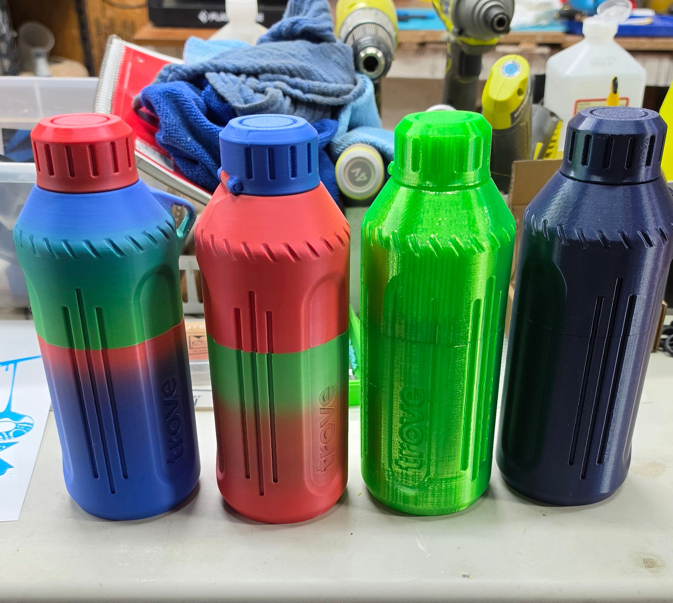 3D printed custom design water bottle holders.